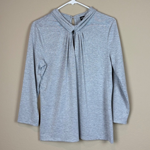Karl Lagerfeld Paris Silver Shimmer Pleated Front/Keyhole Knit 3/4 Sleeve Blouse - Picture 1 of 10